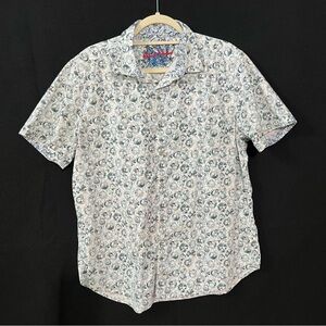 Robert Graham short sleeve button up Shirt L Geometric flip cuff Blue Gray Mens